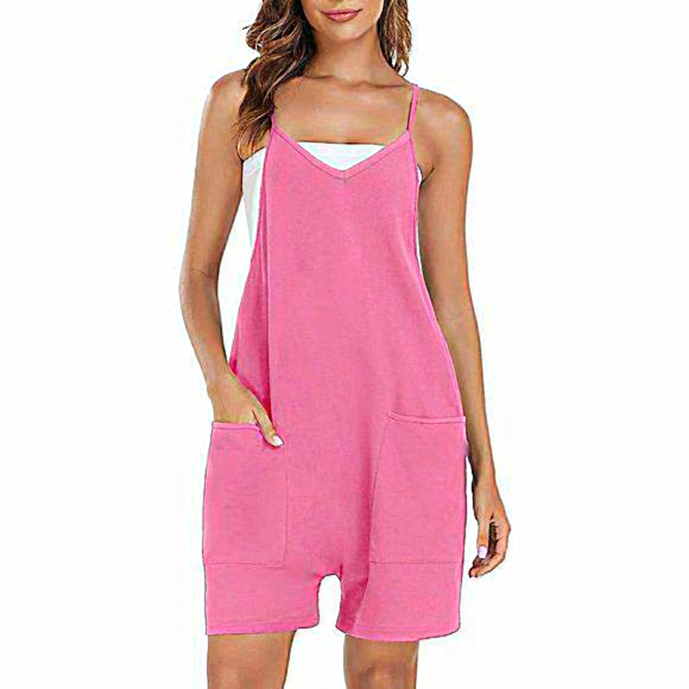 Women's Summer Sleeveless Loose Spaghetti Strap Pink Rompers‎ with Pockets-Small